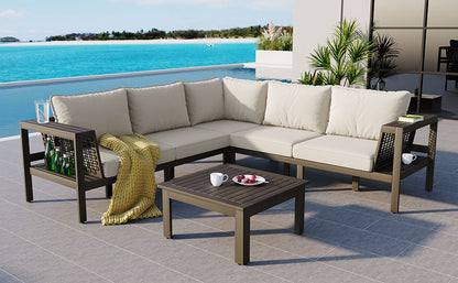 GO 4 Pieces Outdoor Acacia Wood Sofa Set, Woven Mesh Armrests, L-Shaped Patio Furniture Sofa Set with Coffee Table, Outdoor Conversation Set with Beige Cushions and Side Table