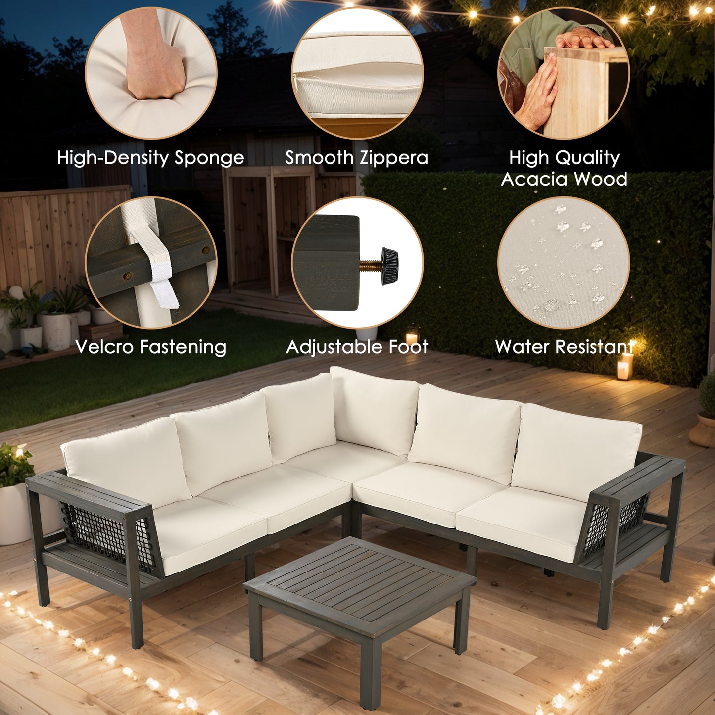 GO 4 Pieces Outdoor Acacia Wood Sofa Set, Woven Mesh Armrests, L-Shaped Patio Furniture Sofa Set with Coffee Table, Outdoor Conversation Set with Beige Cushions and Side Table