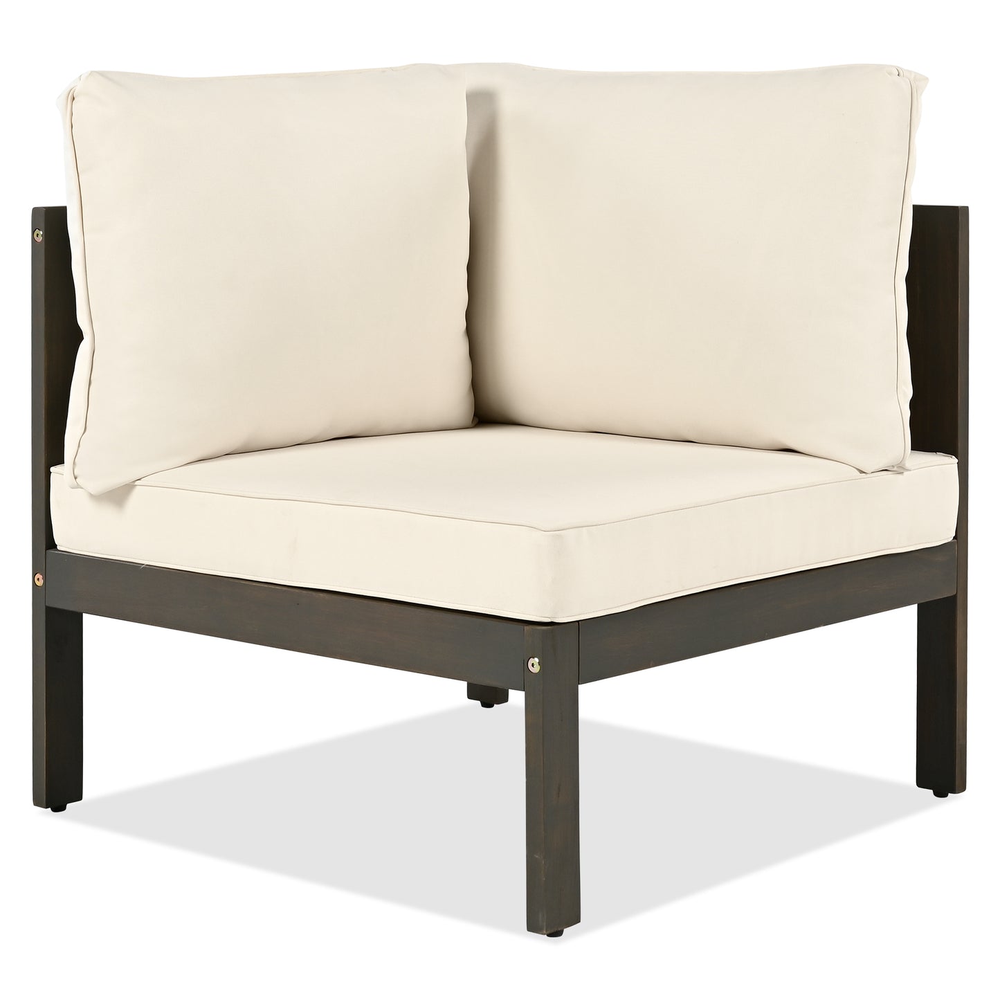 GO 4 Pieces Outdoor Acacia Wood Sofa Set, Woven Mesh Armrests, L-Shaped Patio Furniture Sofa Set with Coffee Table, Outdoor Conversation Set with Beige Cushions and Side Table