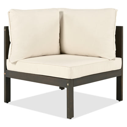 GO 4 Pieces Outdoor Acacia Wood Sofa Set, Woven Mesh Armrests, L-Shaped Patio Furniture Sofa Set with Coffee Table, Outdoor Conversation Set with Beige Cushions and Side Table