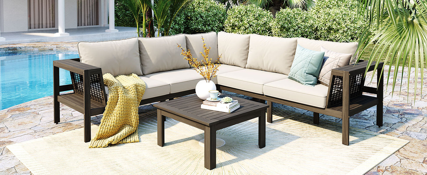 GO 4 Pieces Outdoor Acacia Wood Sofa Set, Woven Mesh Armrests, L-Shaped Patio Furniture Sofa Set with Coffee Table, Outdoor Conversation Set with Beige Cushions and Side Table