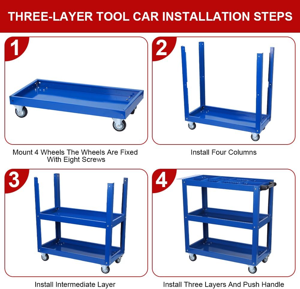 Tool Cart, 3-Tier Rolling Mechanic Tool Cart, Heavy Duty Steel Utility Cart with Lockable Wheels, 450 LBS Capacity Industrial Service Cart for Garage, Warehouse, Workshop (Blue)