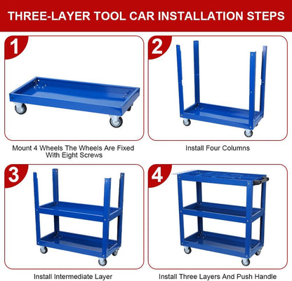 Tool Cart, 3-Tier Rolling Mechanic Tool Cart, Heavy Duty Steel Utility Cart with Lockable Wheels, 450 LBS Capacity Industrial Service Cart for Garage, Warehouse, Workshop (Blue)