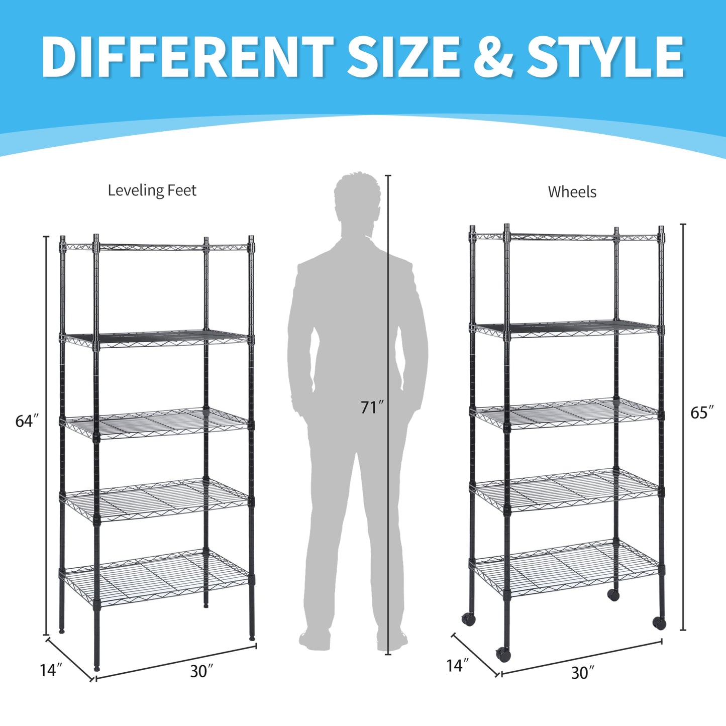 Heavy Duty 5-Tier Shelving Units Adjustable, Wire Shelf with 1000 lbs Capacity (250 per Shelf), 30 "D x 14" W x 65 "H, Black, 5 Levels, Storage Shelf with Wheels & Leveling Feet