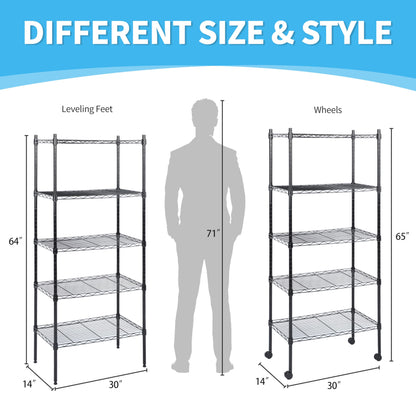 Heavy Duty 5-Tier Shelving Units Adjustable, Wire Shelf with 1000 lbs Capacity (250 per Shelf), 30 "D x 14" W x 65 "H, Black, 5 Levels, Storage Shelf with Wheels & Leveling Feet