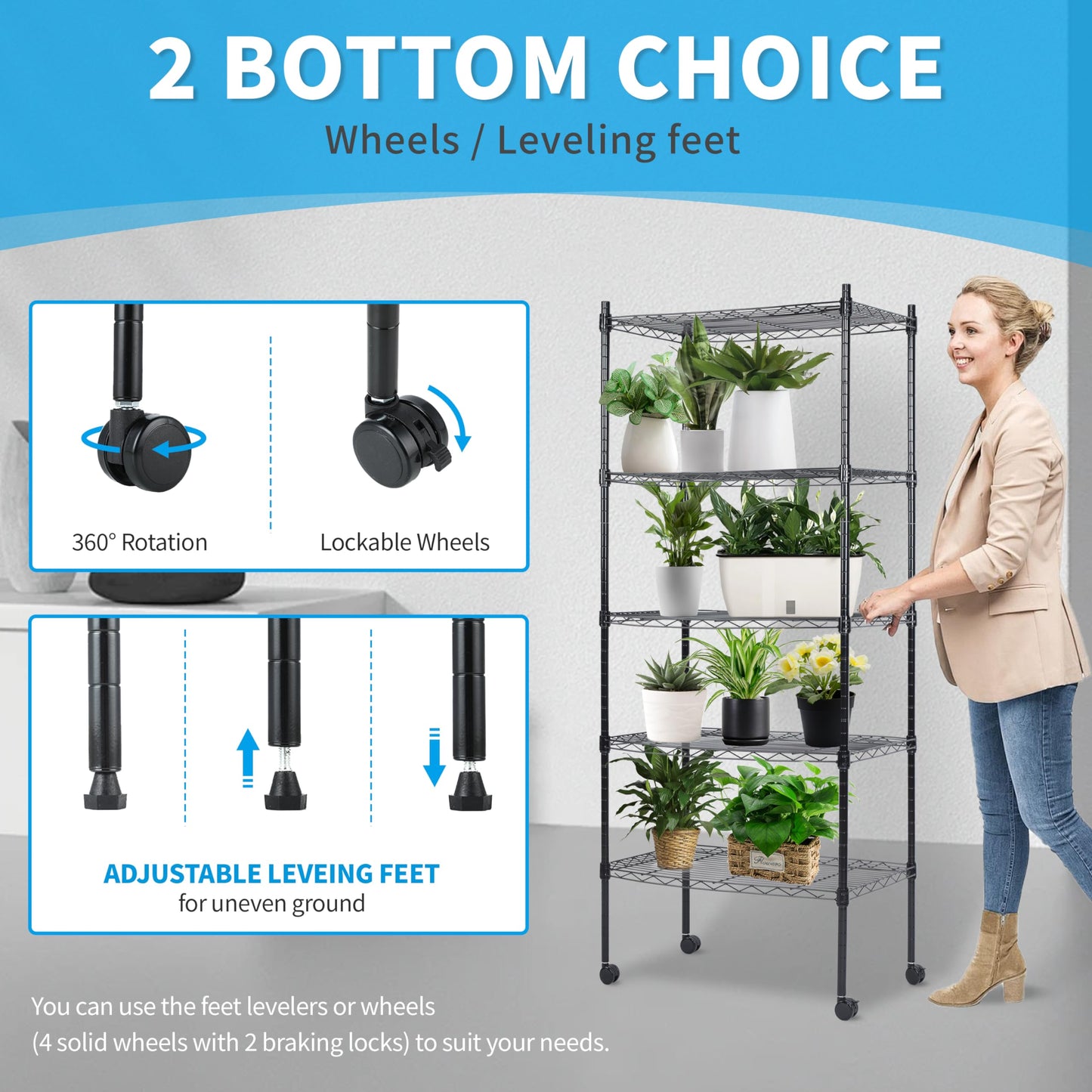 Heavy Duty 5-Tier Shelving Units Adjustable, Wire Shelf with 1000 lbs Capacity (250 per Shelf), 30 "D x 14" W x 65 "H, Black, 5 Levels, Storage Shelf with Wheels & Leveling Feet