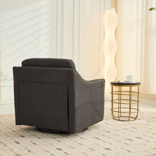 dark grey 360 degree swivel rotating accent chair with USB and magazine book for living room and hotel bed room,upholstered accent chair with cooper nail