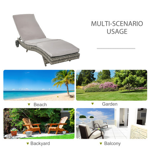 Outsunny Chaise Lounge Pool Chair, Outdoor PE Rattan Cushioned Patio Sun Lounger w/ 5-Level Adjustable Backrest & Wheels for Easy Movement, Wicker, Gray