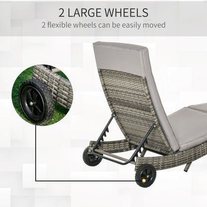 Outsunny Chaise Lounge Pool Chair, Outdoor PE Rattan Cushioned Patio Sun Lounger w/ 5-Level Adjustable Backrest & Wheels for Easy Movement, Wicker, Gray