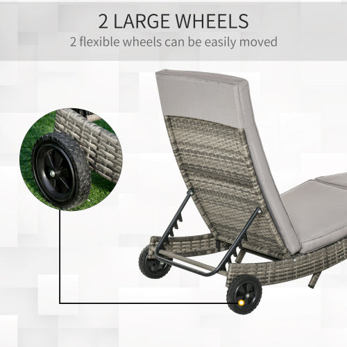 Outsunny Chaise Lounge Pool Chair, Outdoor PE Rattan Cushioned Patio Sun Lounger w/ 5-Level Adjustable Backrest & Wheels for Easy Movement, Wicker, Gray