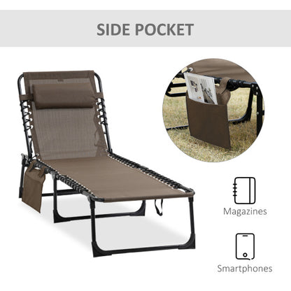 Outsunny Reclining Chaise Lounge Chair, Portable Sun Lounger, Folding Camping Cot, with Adjustable Backrest and Removable Pillow, for Patio, Garden, Beach, Brown
