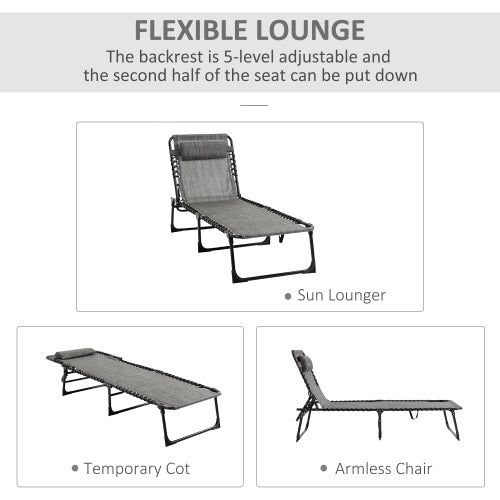 Outsunny Reclining Chaise Lounge Chair, Portable Sun Lounger, Folding Camping Cot, with Adjustable Backrest and Removable Pillow, for Patio, Garden, Beach, Grey
