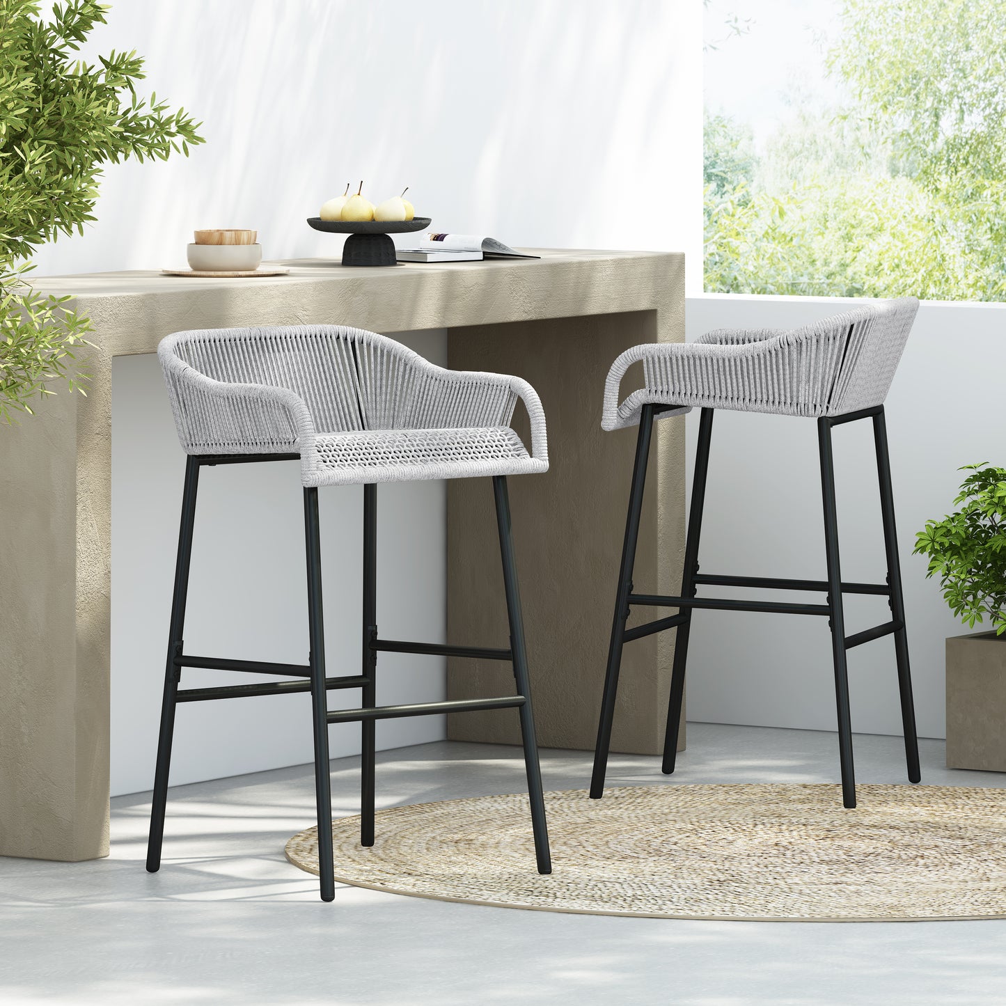 Outdoor Patio Light Gray Rope Bar Stool, Set of 2
