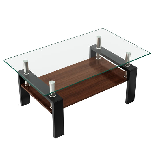 Rectangle Coffee Table, Tempered Glass Tabletop with MDF Layer, Modern Table for Living Room , Transparent Glass