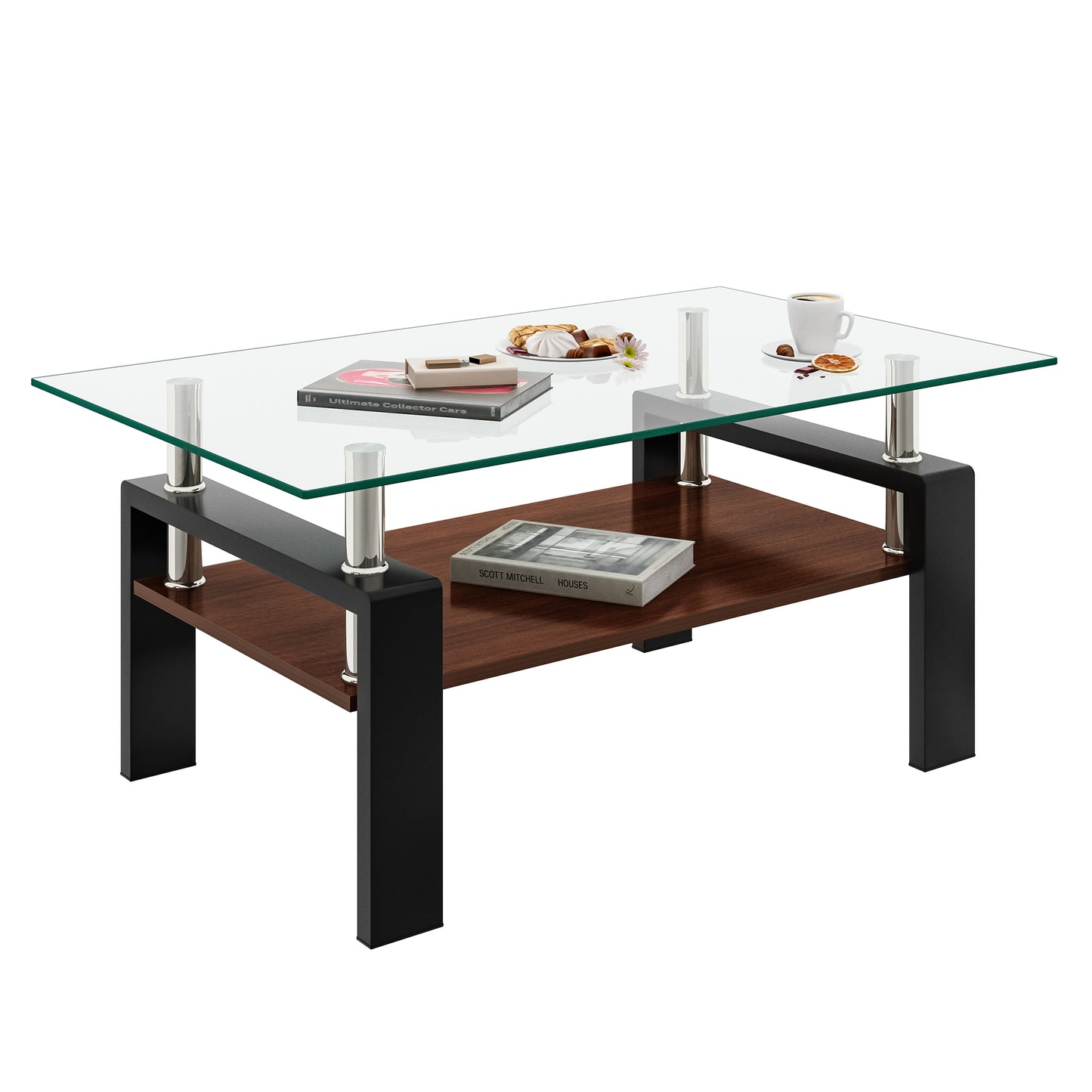 Rectangle Coffee Table, Tempered Glass Tabletop with MDF Layer, Modern Table for Living Room , Transparent Glass