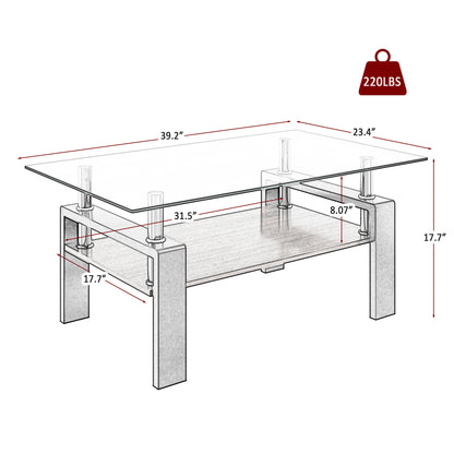 Rectangle Coffee Table, Tempered Glass Tabletop with MDF Layer, Modern Table for Living Room , Transparent Glass