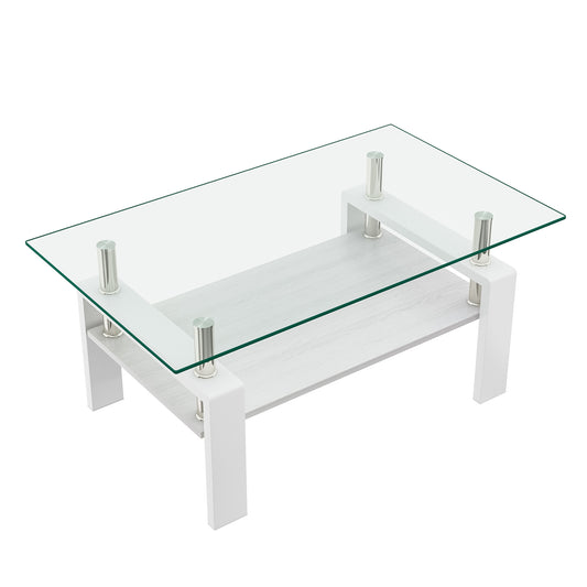 Rectangle Coffee Table, Tempered Glass Tabletop with MDF Layer, Modern Table for Living Room , Transparent Glass