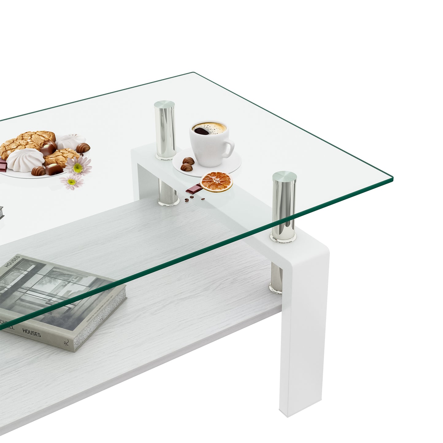 Rectangle Coffee Table, Tempered Glass Tabletop with MDF Layer, Modern Table for Living Room , Transparent Glass