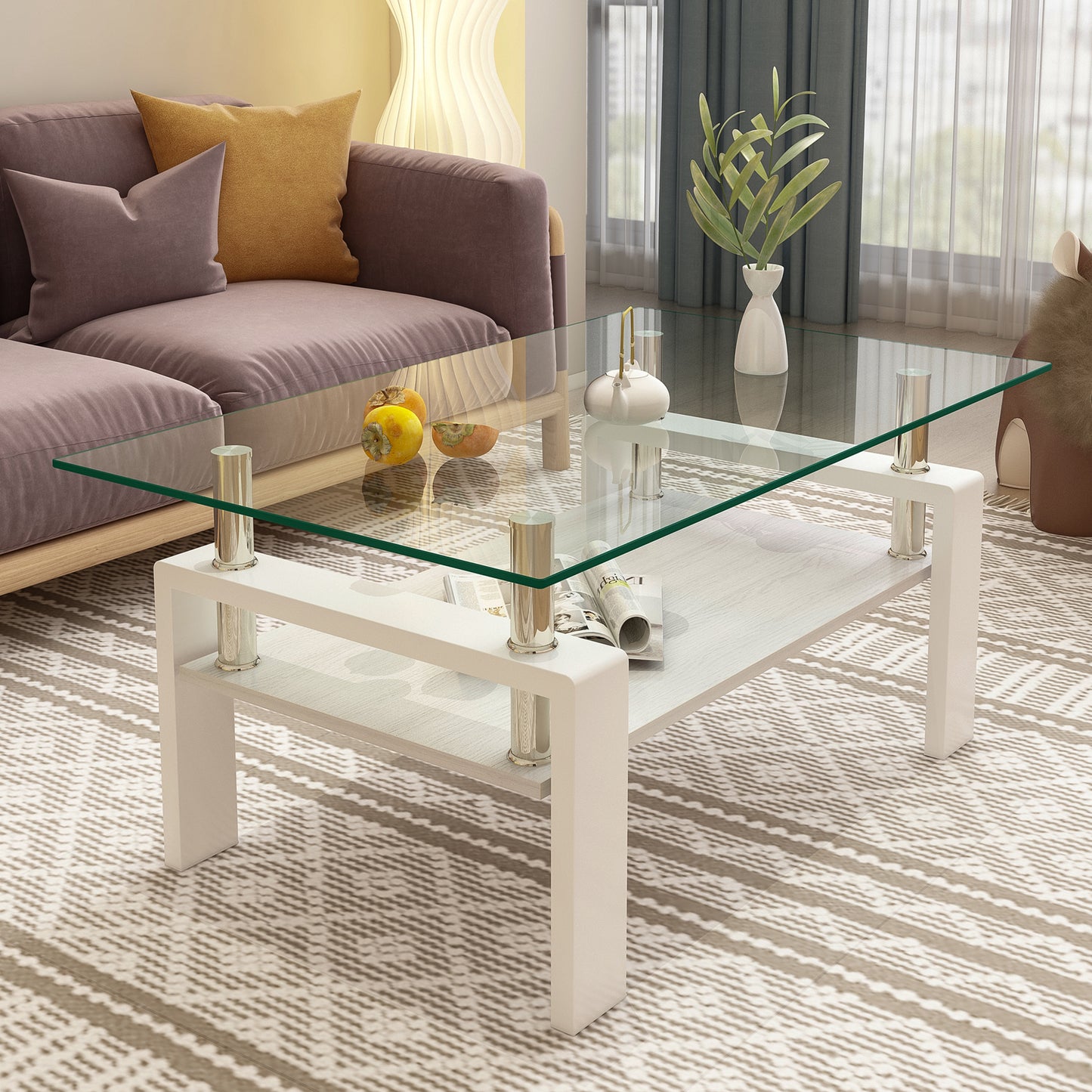 Rectangle Coffee Table, Tempered Glass Tabletop with MDF Layer, Modern Table for Living Room , Transparent Glass