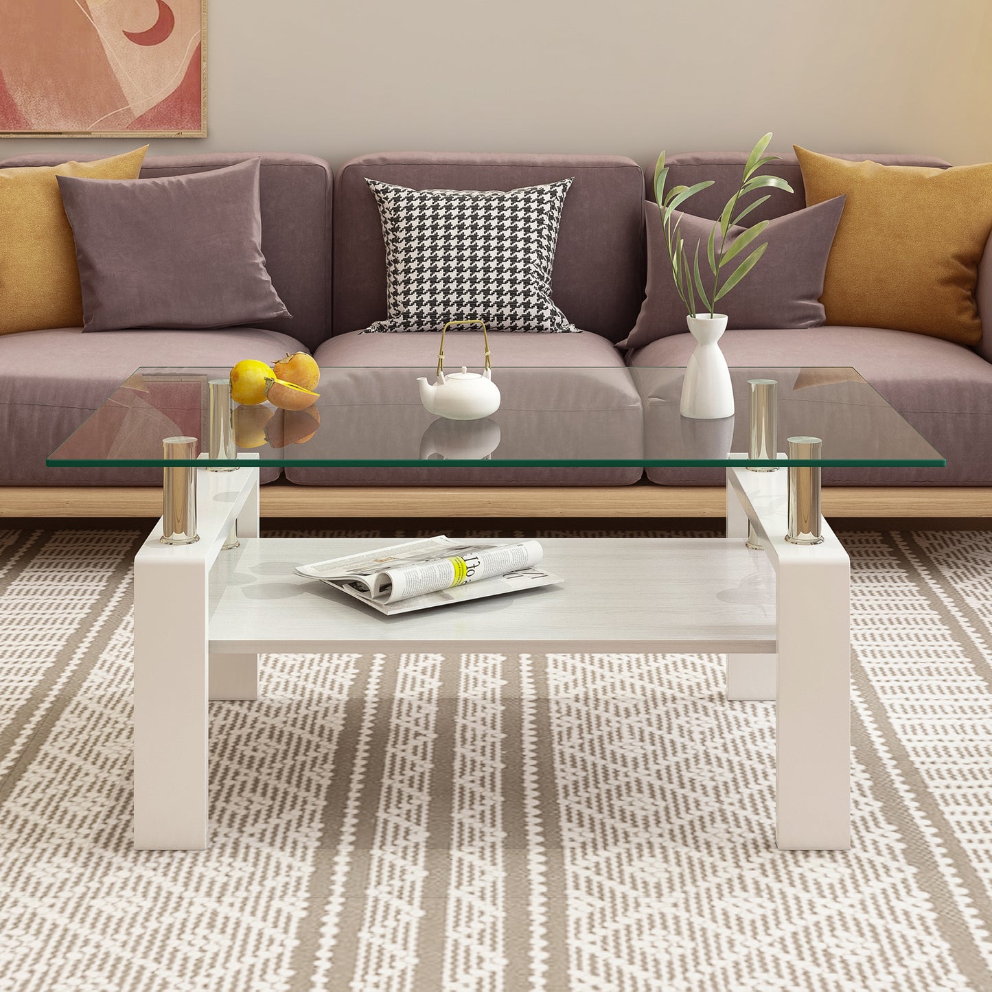 Rectangle Coffee Table, Tempered Glass Tabletop with MDF Layer, Modern Table for Living Room , Transparent Glass