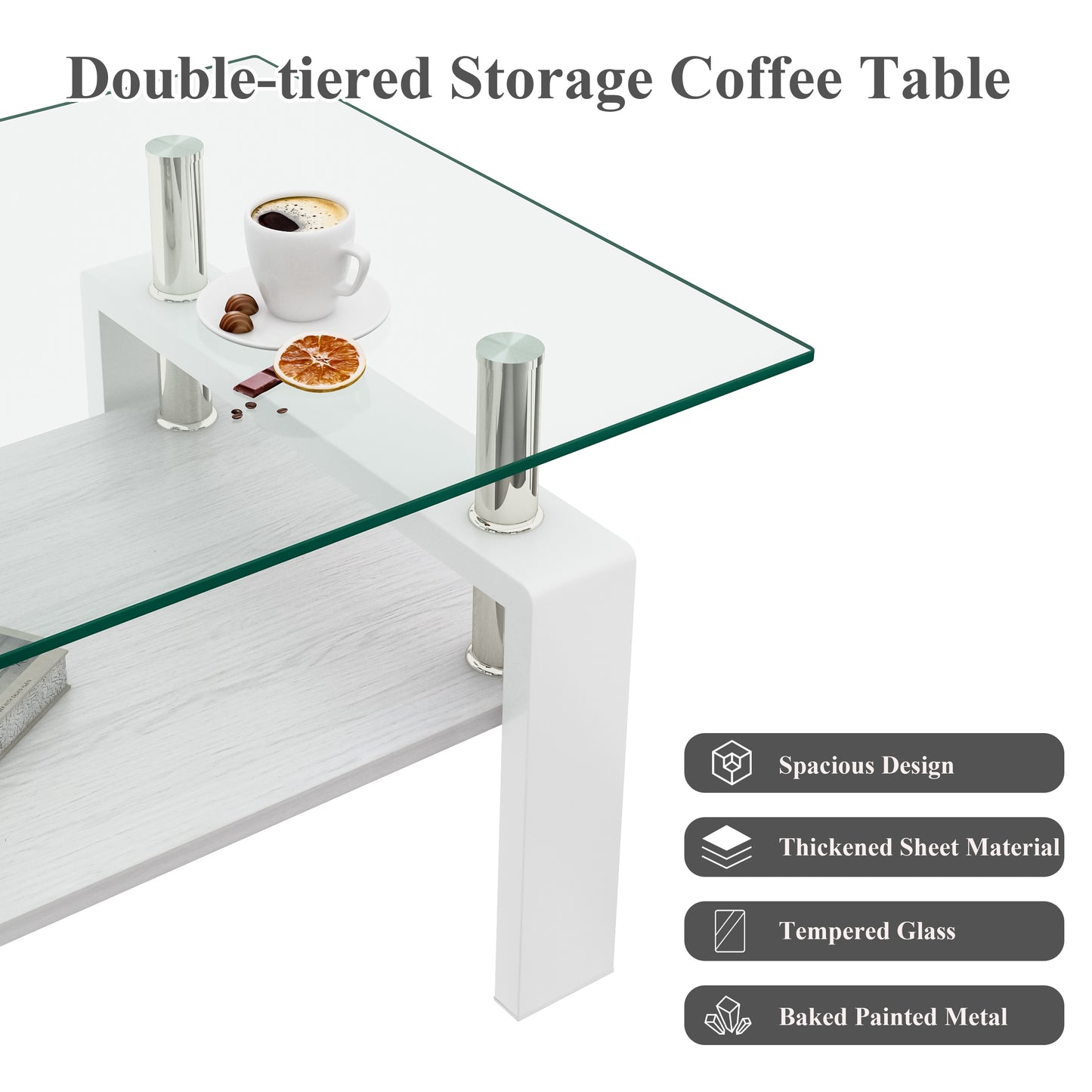 Rectangle Coffee Table, Tempered Glass Tabletop with MDF Layer, Modern Table for Living Room , Transparent Glass