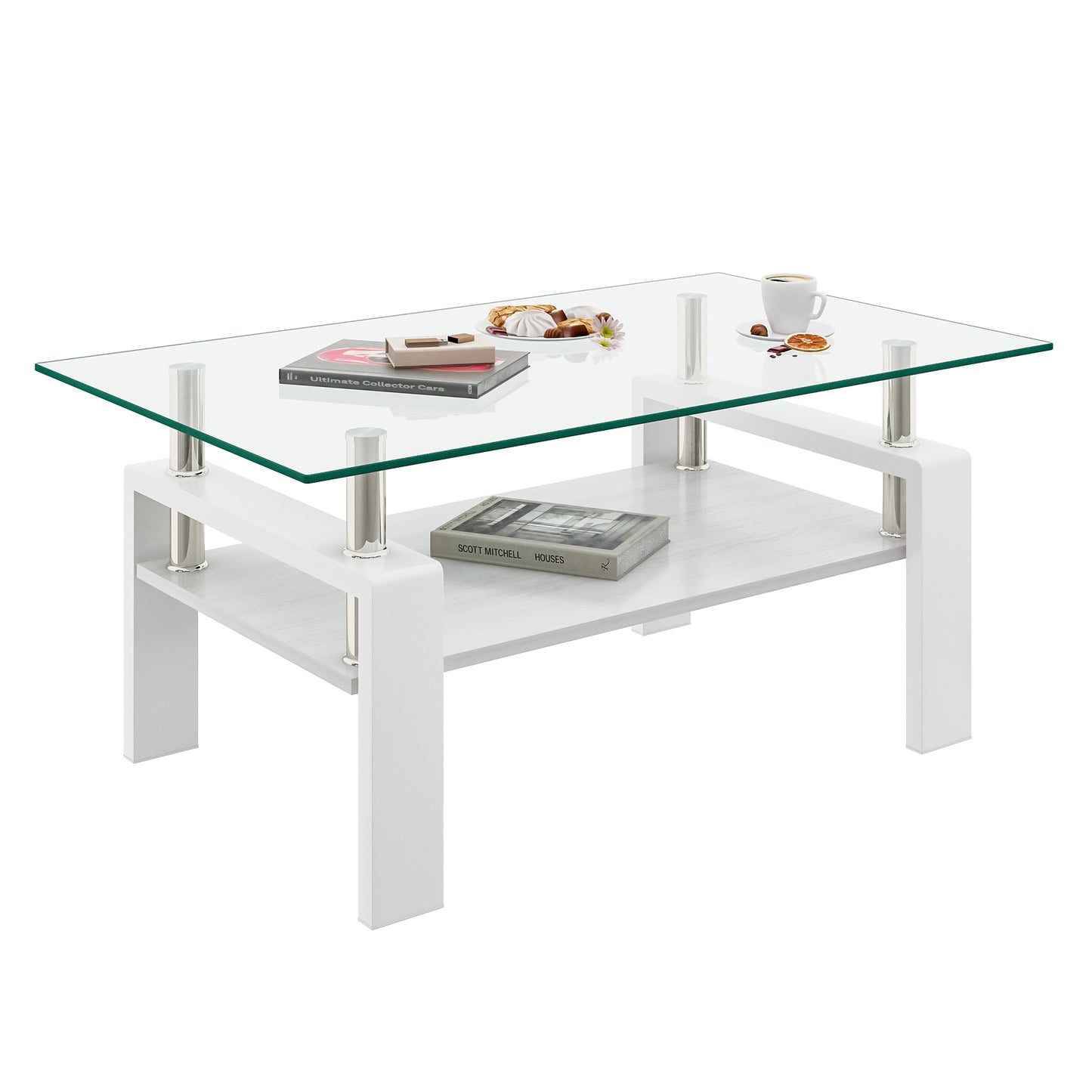 Rectangle Coffee Table, Tempered Glass Tabletop with MDF Layer, Modern Table for Living Room , Transparent Glass