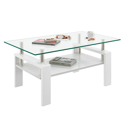 Rectangle Coffee Table, Tempered Glass Tabletop with MDF Layer, Modern Table for Living Room , Transparent Glass