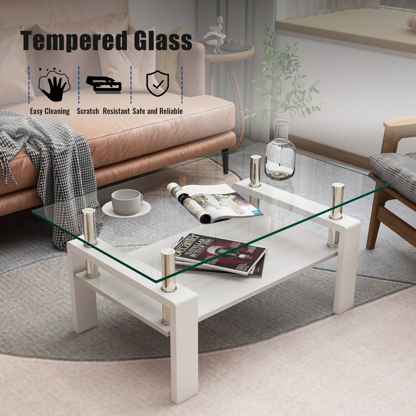 Rectangle Coffee Table, Tempered Glass Tabletop with MDF Layer, Modern Table for Living Room , Transparent Glass