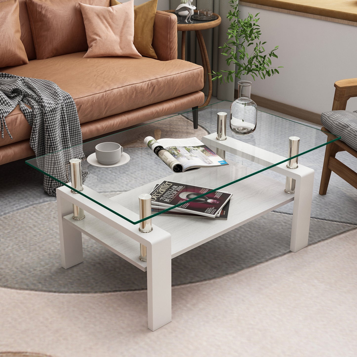 Rectangle Coffee Table, Tempered Glass Tabletop with MDF Layer, Modern Table for Living Room , Transparent Glass