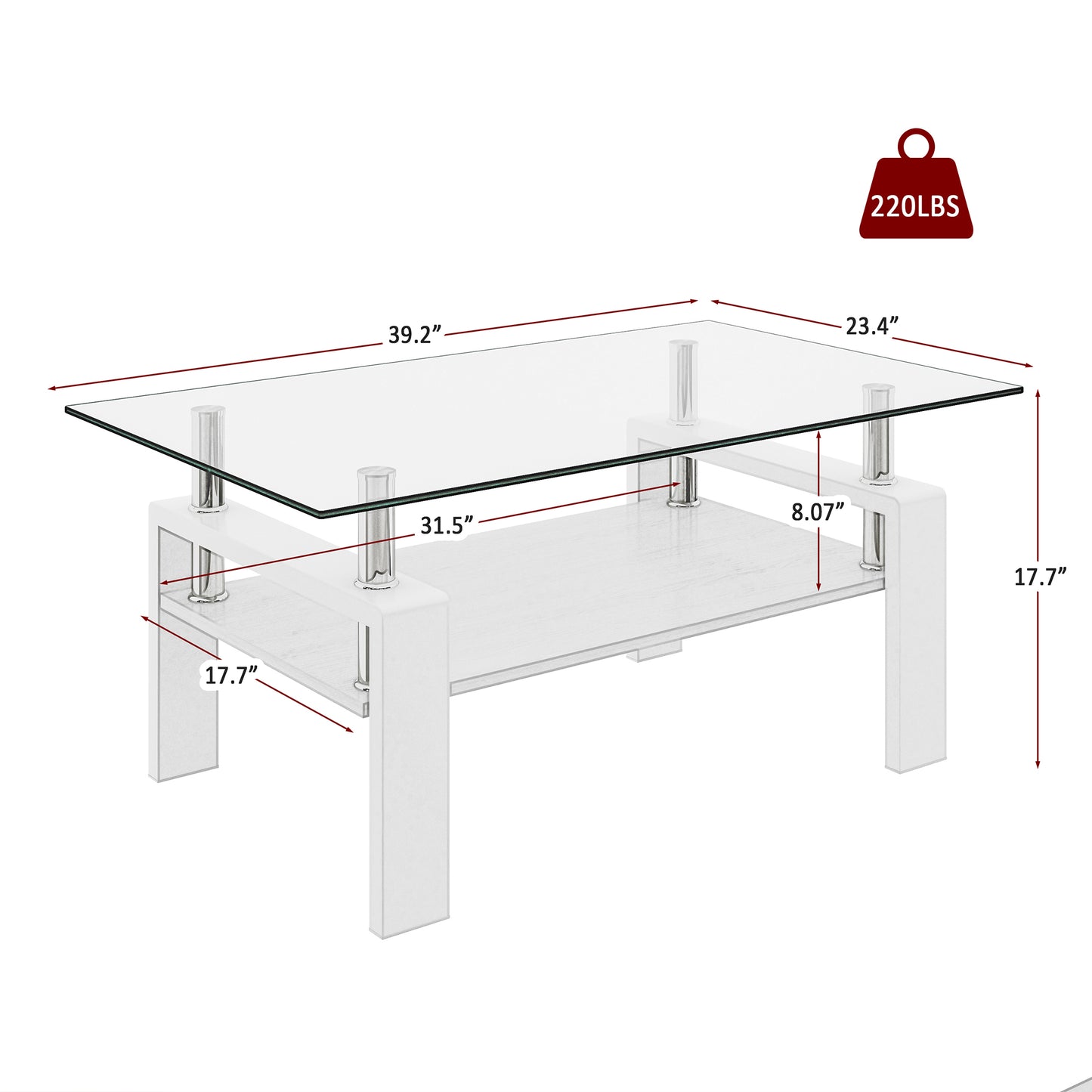 Rectangle Coffee Table, Tempered Glass Tabletop with MDF Layer, Modern Table for Living Room , Transparent Glass