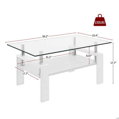 Rectangle Coffee Table, Tempered Glass Tabletop with MDF Layer, Modern Table for Living Room , Transparent Glass