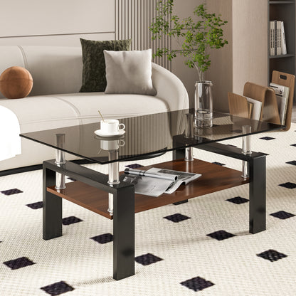Rectangle Coffee Table, Tempered Glass Tabletop with MDF Layer, Modern Table for Living Room , Gray Glass