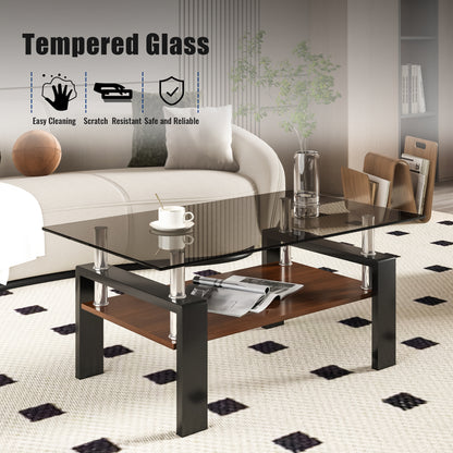 Rectangle Coffee Table, Tempered Glass Tabletop with MDF Layer, Modern Table for Living Room , Gray Glass