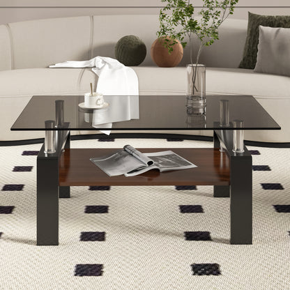 Rectangle Coffee Table, Tempered Glass Tabletop with MDF Layer, Modern Table for Living Room , Gray Glass