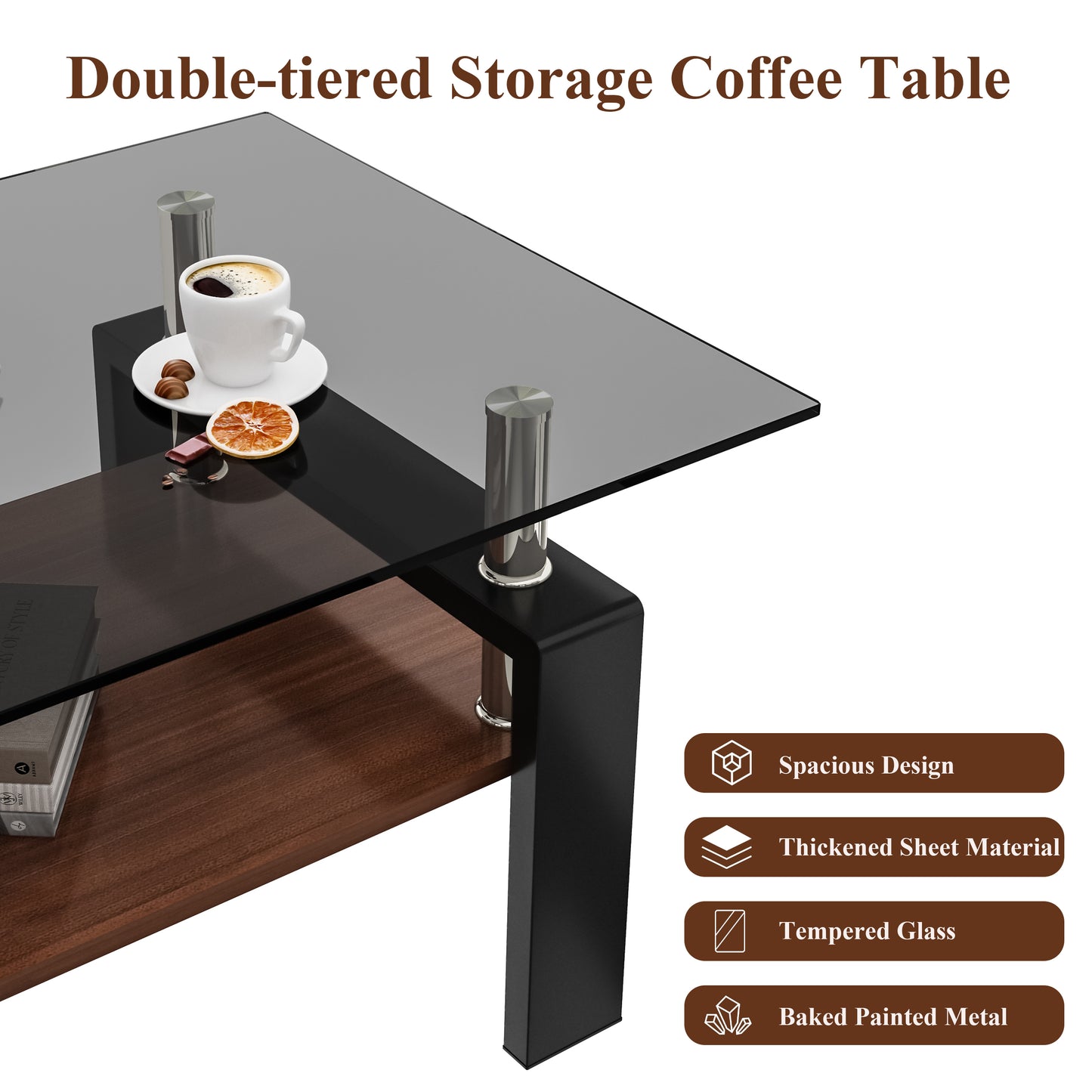 Rectangle Coffee Table, Tempered Glass Tabletop with MDF Layer, Modern Table for Living Room , Gray Glass