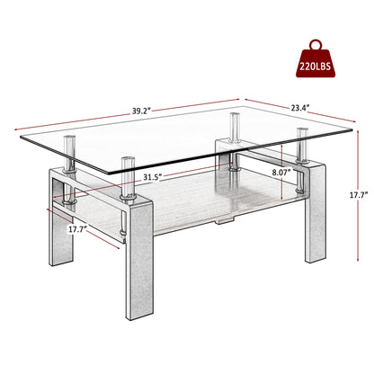 Rectangle Coffee Table, Tempered Glass Tabletop with MDF Layer, Modern Table for Living Room , Gray Glass