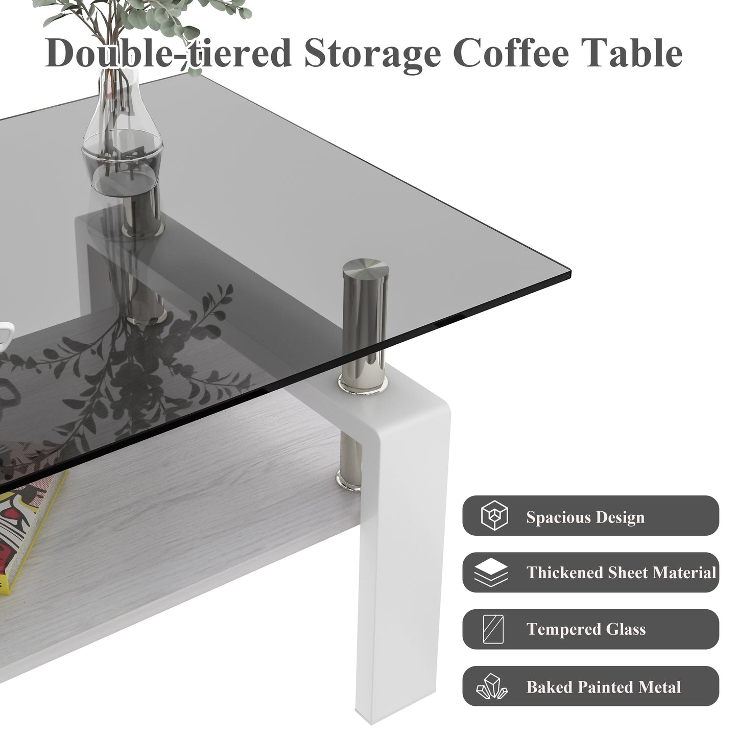 Rectangle Coffee Table, Tempered Glass Tabletop with MDF Layer, Modern Table for Living Room , Gray Glass