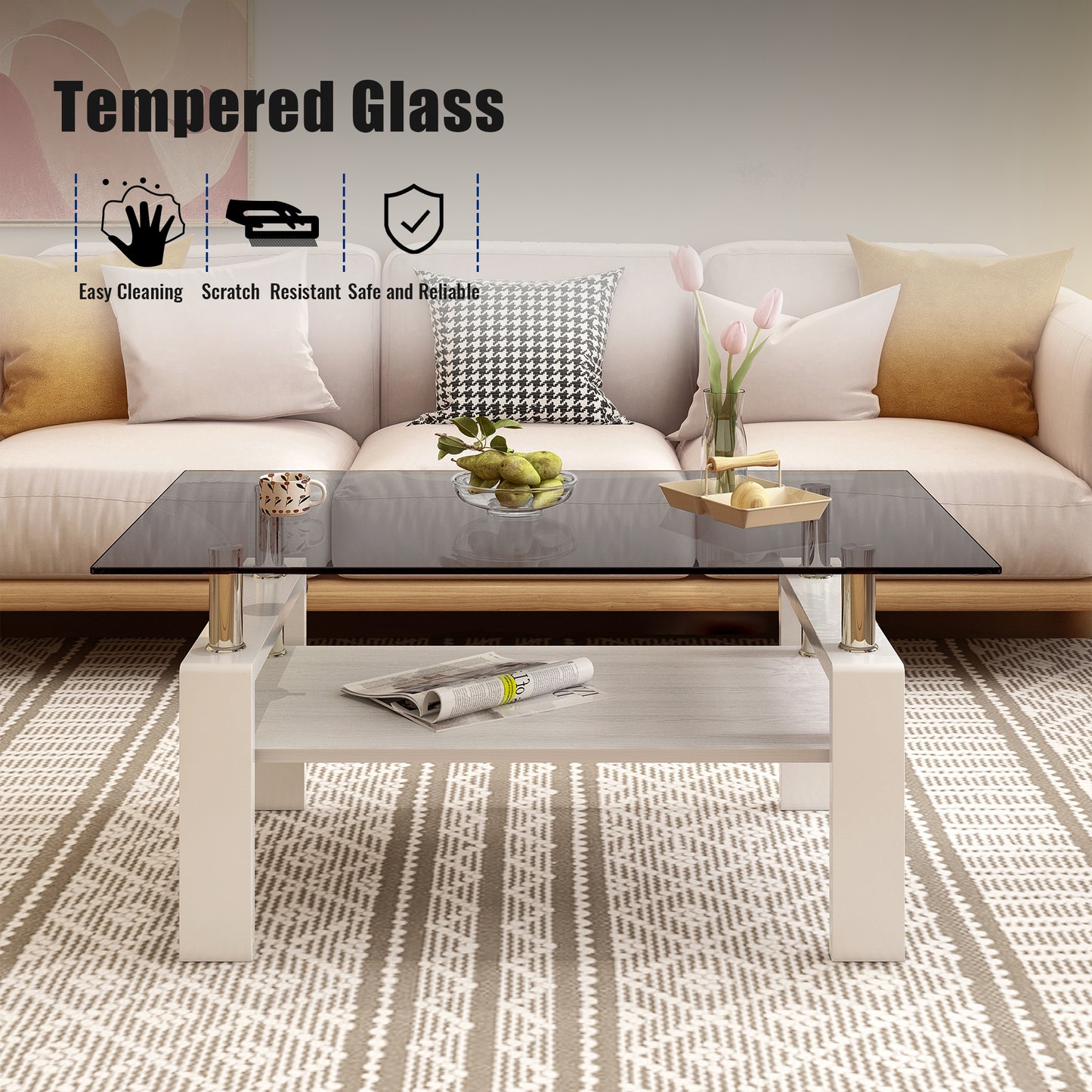 Rectangle Coffee Table, Tempered Glass Tabletop with MDF Layer, Modern Table for Living Room , Gray Glass