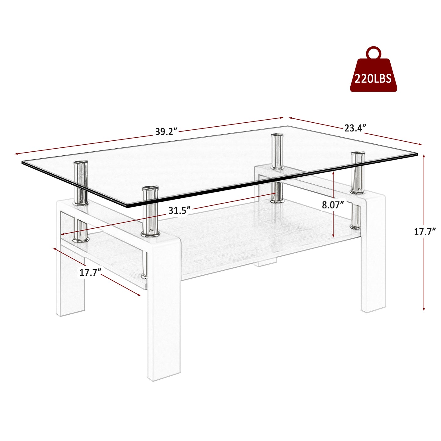 Rectangle Coffee Table, Tempered Glass Tabletop with MDF Layer, Modern Table for Living Room , Gray Glass
