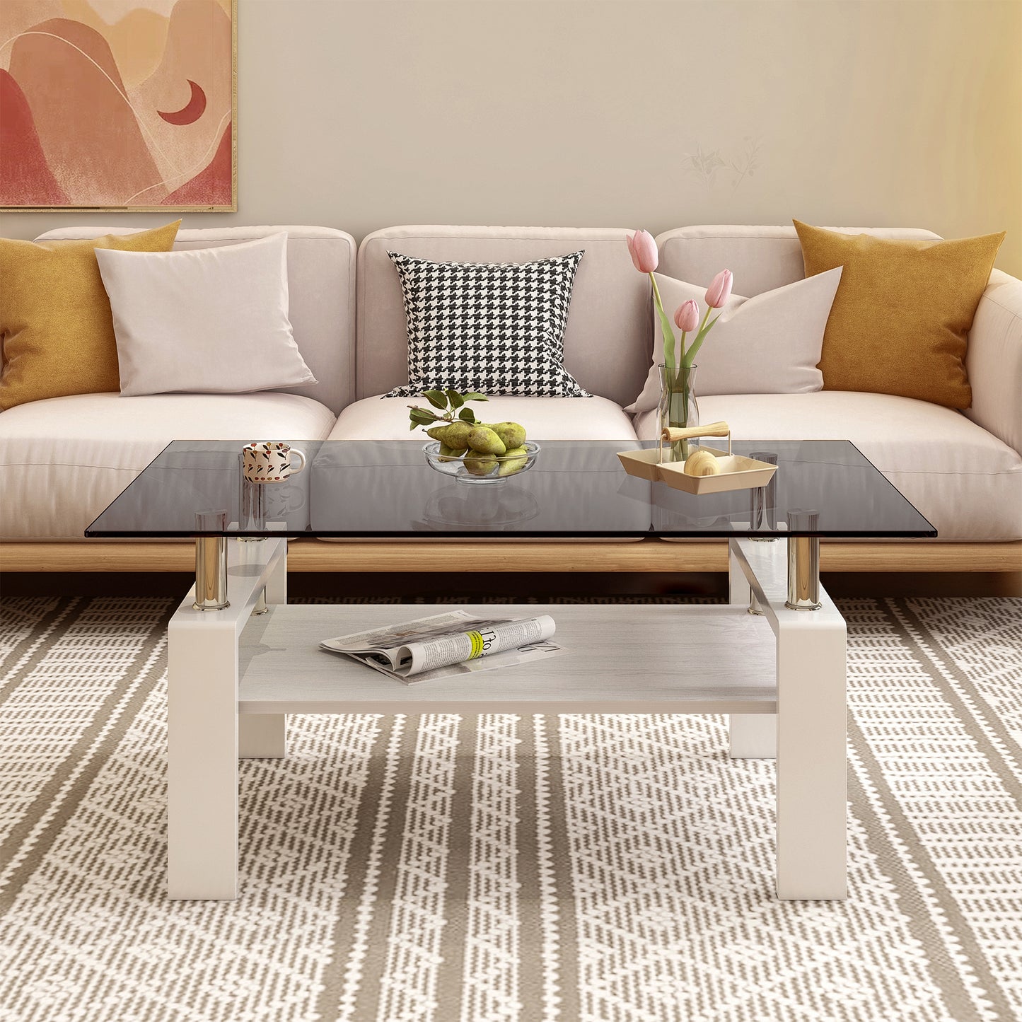 Rectangle Coffee Table, Tempered Glass Tabletop with MDF Layer, Modern Table for Living Room , Gray Glass