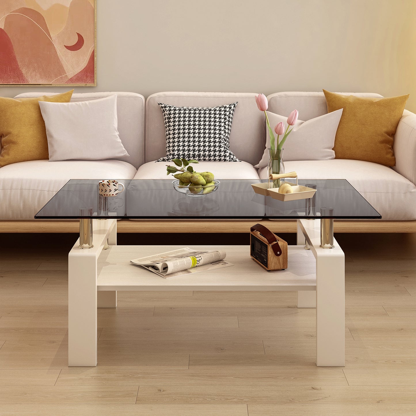 Rectangle Coffee Table, Tempered Glass Tabletop with MDF Layer, Modern Table for Living Room , Gray Glass