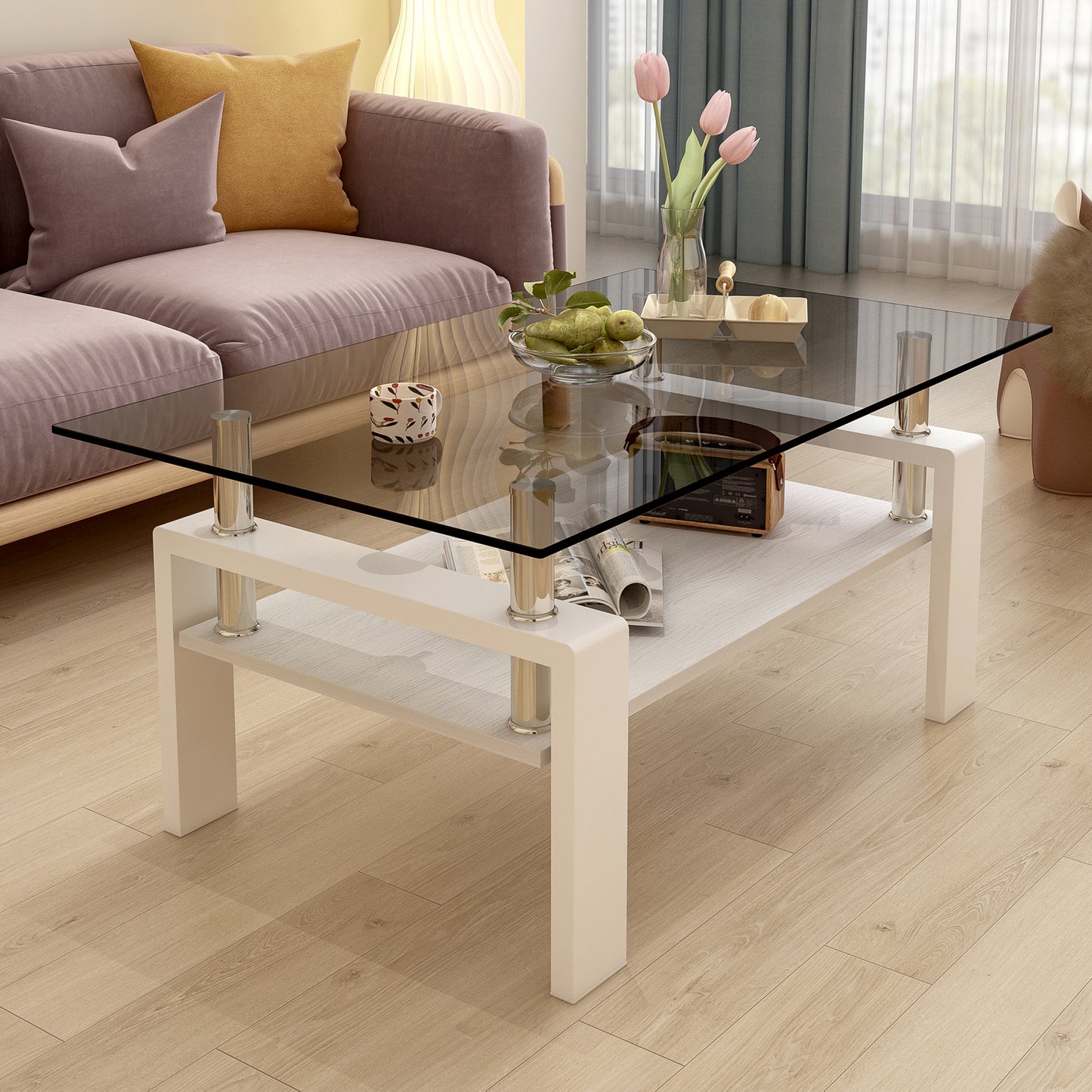 Rectangle Coffee Table, Tempered Glass Tabletop with MDF Layer, Modern Table for Living Room , Gray Glass