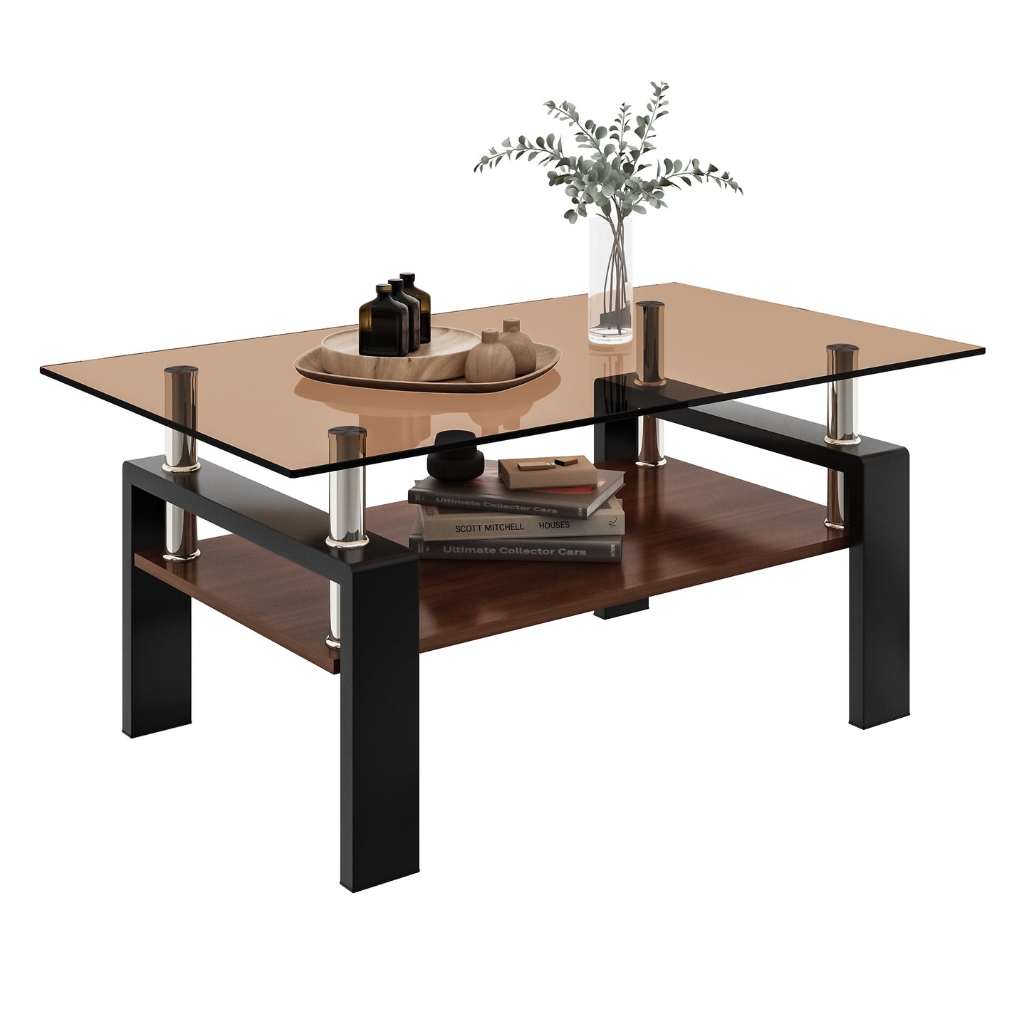 Rectangle Coffee Table, Tempered Glass Tabletop with MDF Layer, Modern Table for Living Room , Brown Glass