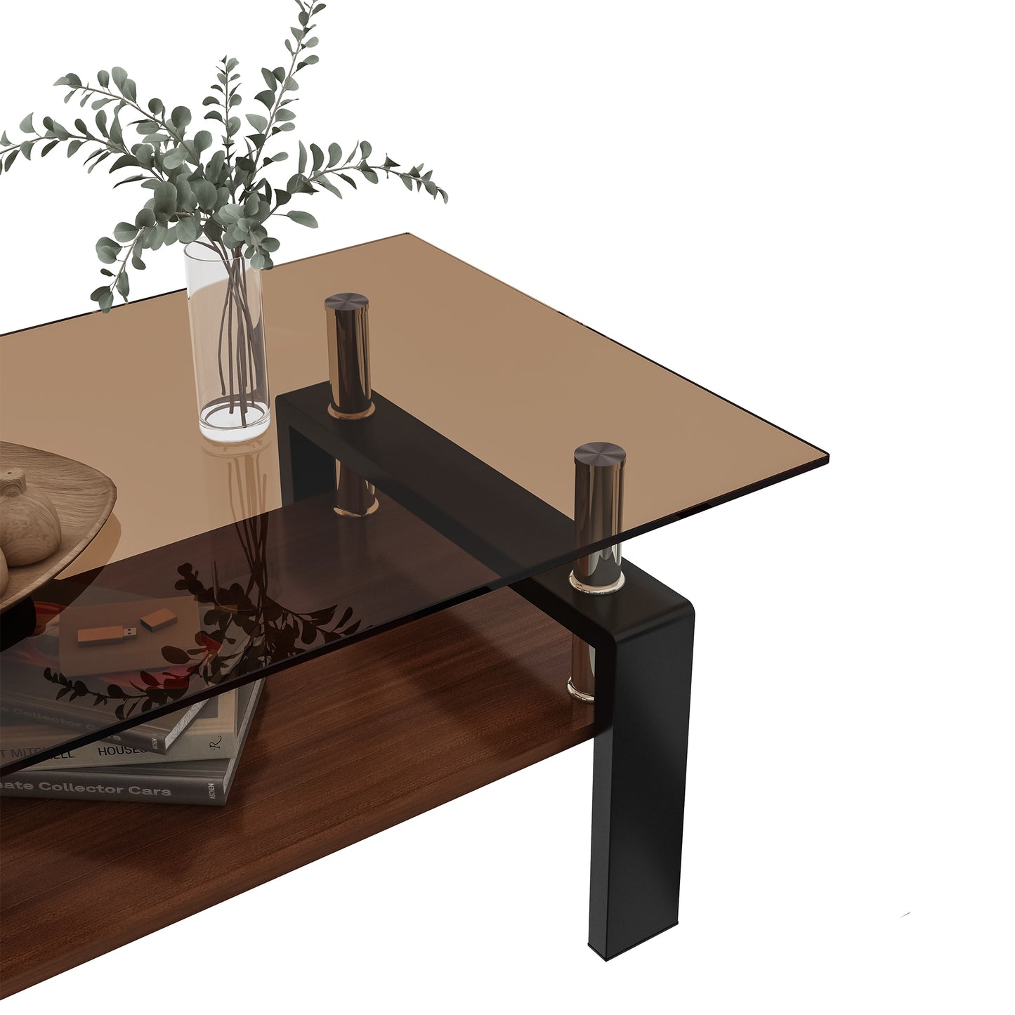 Rectangle Coffee Table, Tempered Glass Tabletop with MDF Layer, Modern Table for Living Room , Brown Glass