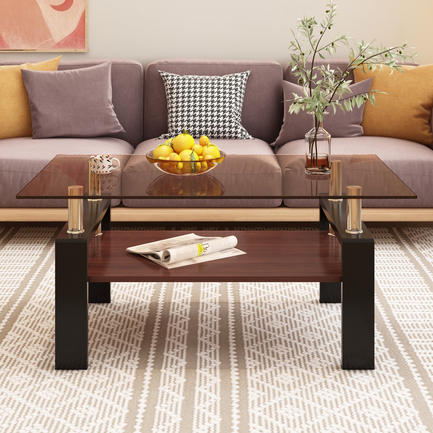 Rectangle Coffee Table, Tempered Glass Tabletop with MDF Layer, Modern Table for Living Room , Brown Glass