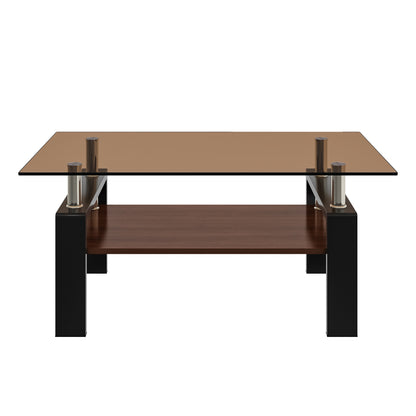 Rectangle Coffee Table, Tempered Glass Tabletop with MDF Layer, Modern Table for Living Room , Brown Glass