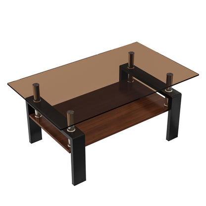 Rectangle Coffee Table, Tempered Glass Tabletop with MDF Layer, Modern Table for Living Room , Brown Glass