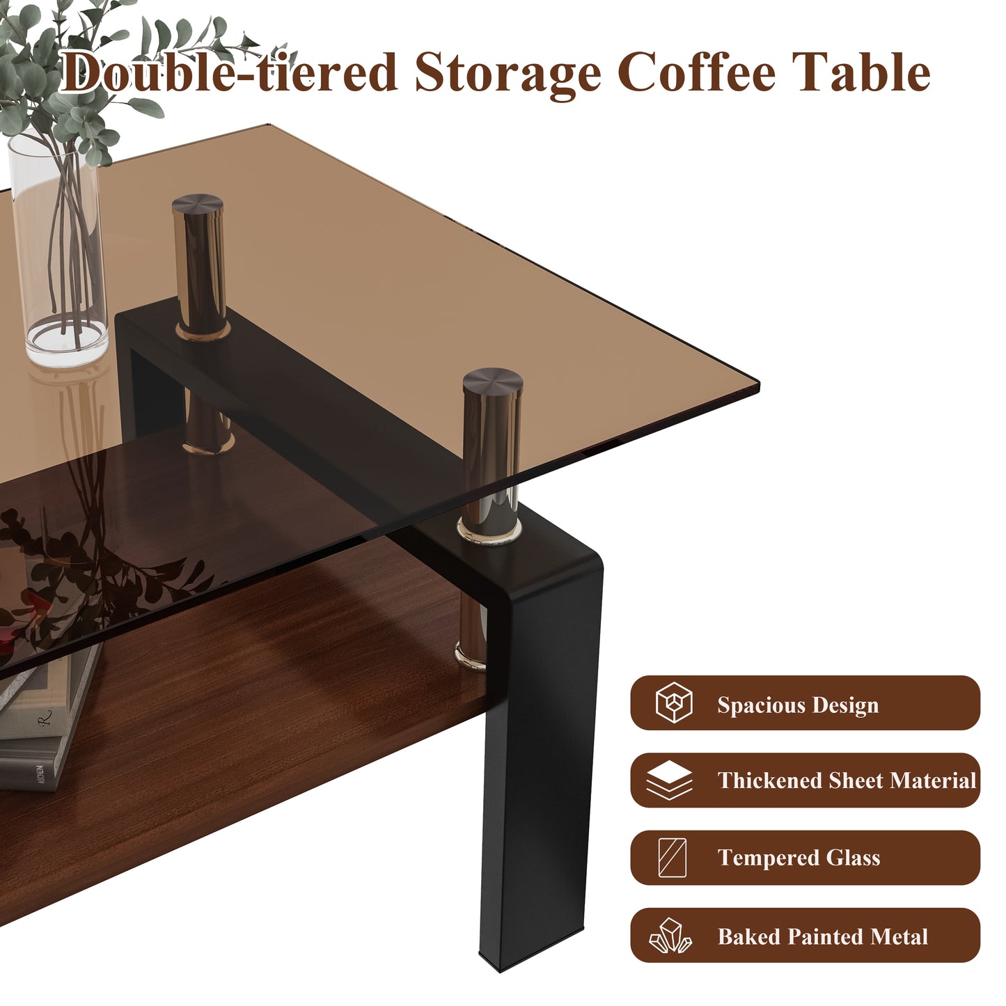 Rectangle Coffee Table, Tempered Glass Tabletop with MDF Layer, Modern Table for Living Room , Brown Glass