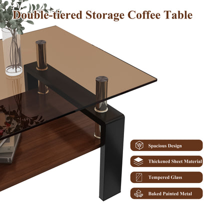 Rectangle Coffee Table, Tempered Glass Tabletop with MDF Layer, Modern Table for Living Room , Brown Glass