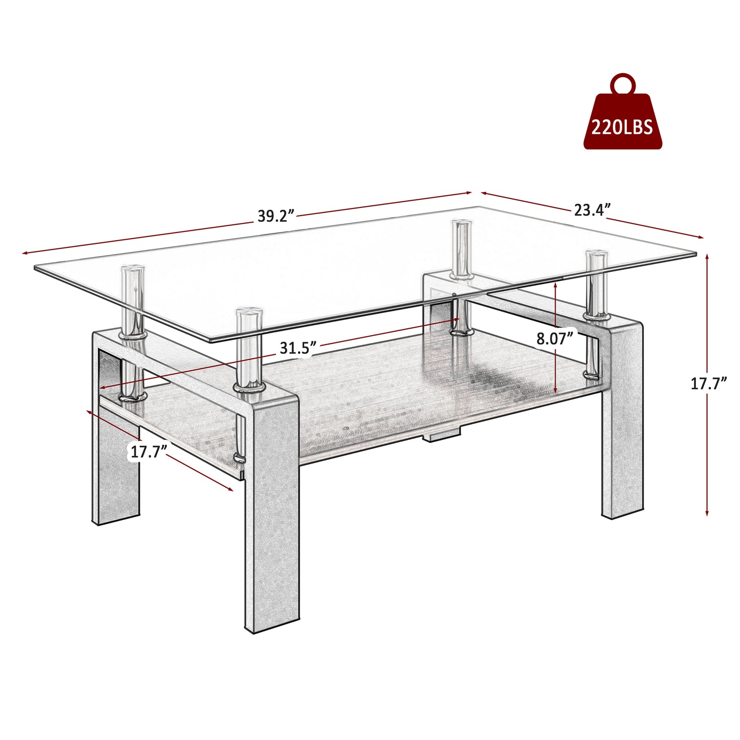 Rectangle Coffee Table, Tempered Glass Tabletop with MDF Layer, Modern Table for Living Room , Brown Glass